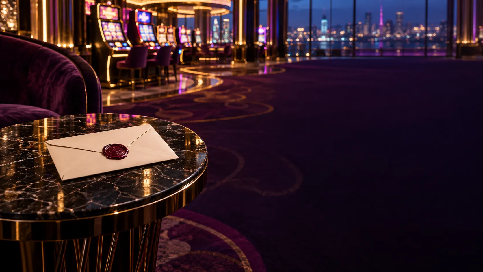 Sealed envelope with a wax seal on a marble table in front of a glowing slot floor