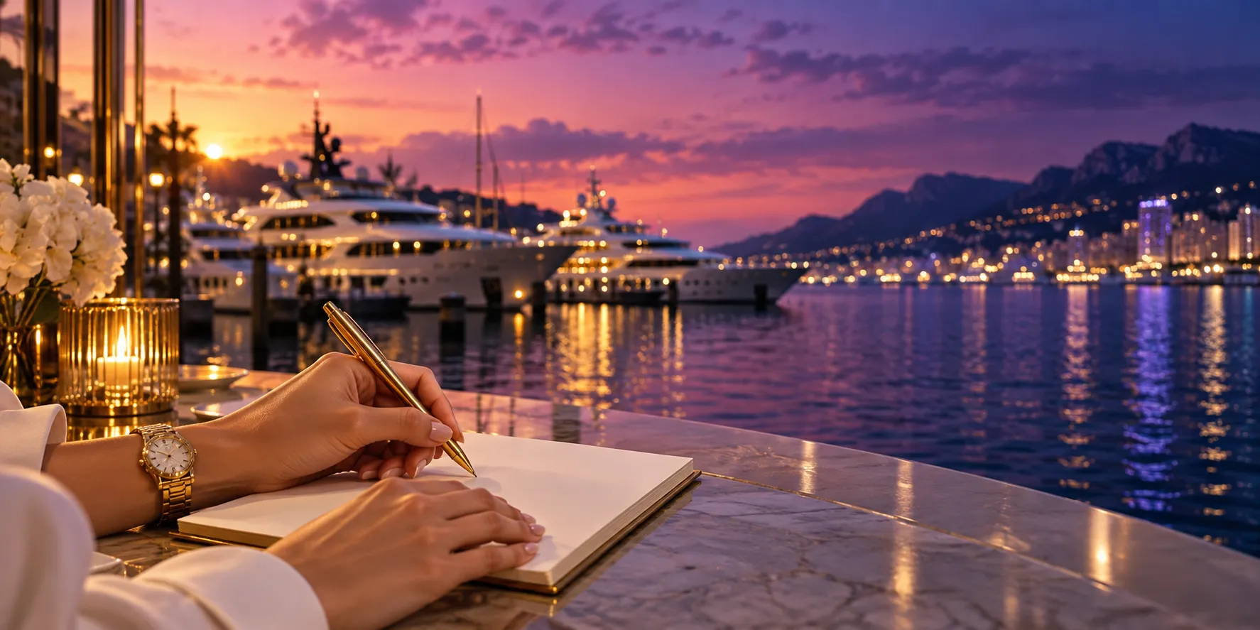 Elegant hands holding a golden pen above a note pad beside a marina of superyachts, kept ready for noting down Here2Win Casino support details