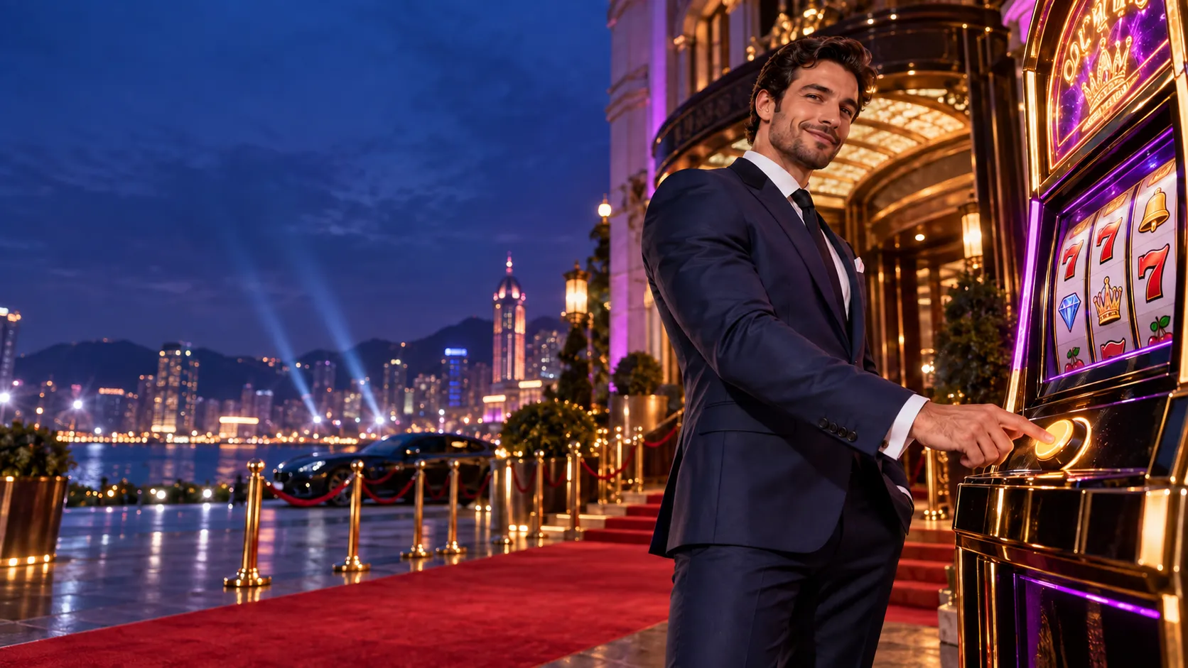 Man in a midnight-blue suit pressing the button of a jackpot machine at a red carpet entrance