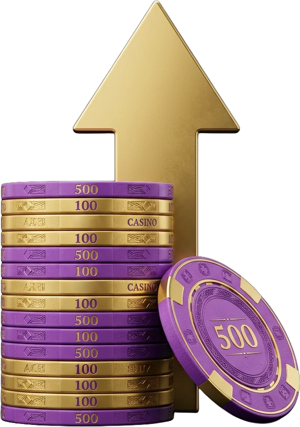 Purple and gold casino chips stacked in denominations of 100 and 500