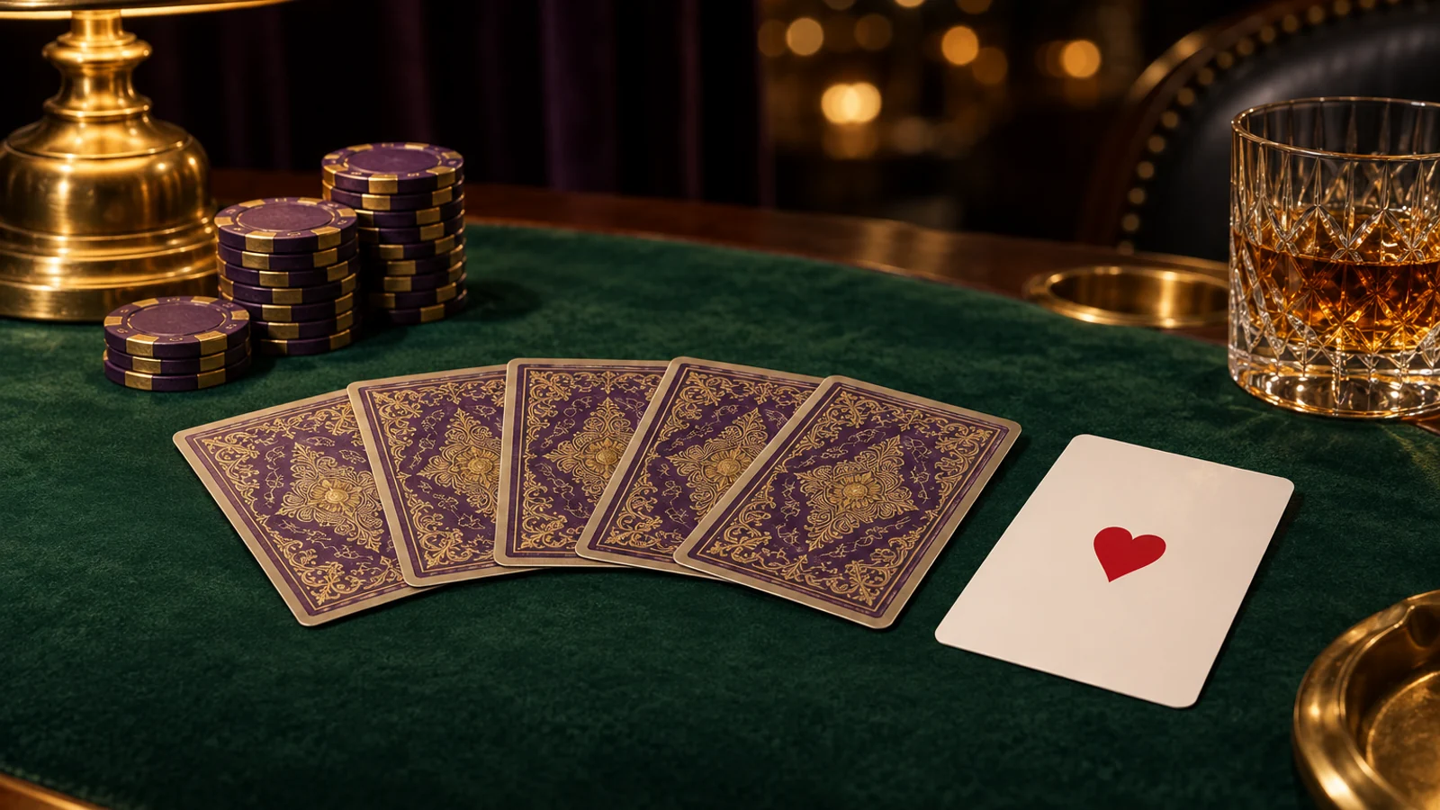 Fanned playing cards on green felt lit by a warm casino-floor glow