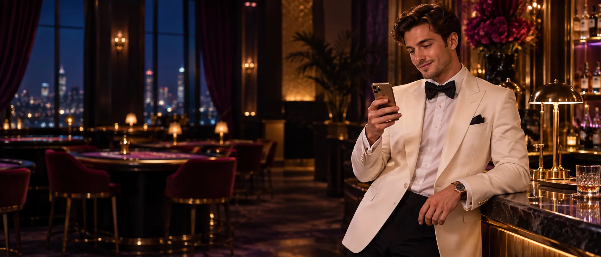 Man in a white dinner jacket checking a smartphone inside a speakeasy casino