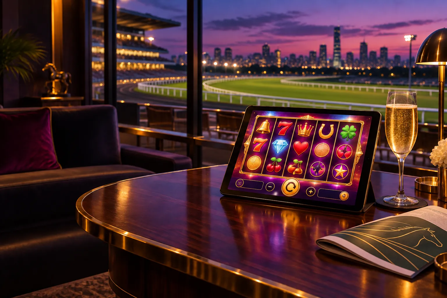 Tablet showing a slot-game interface on a table inside a racecourse VIP lounge