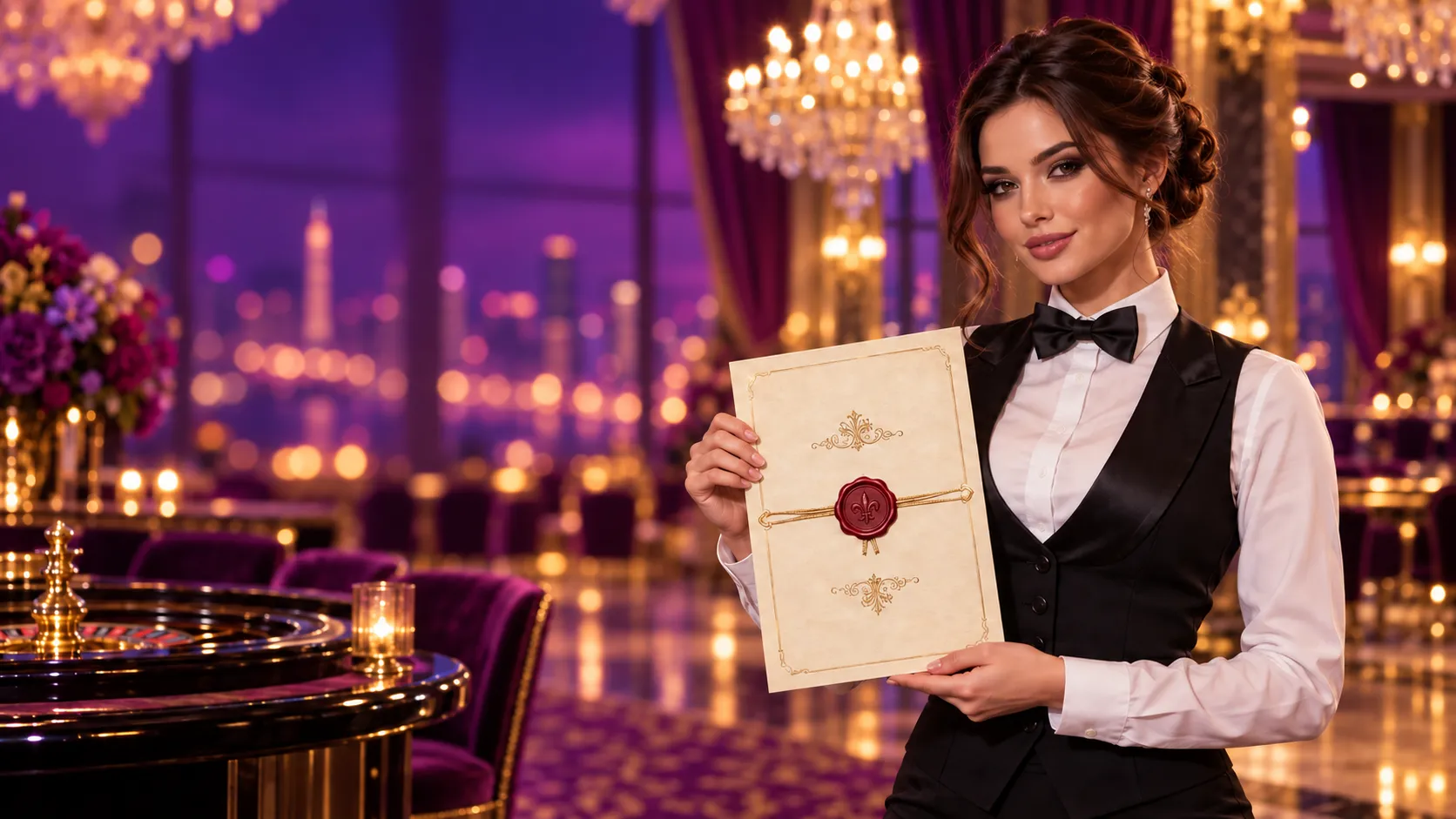 Female croupier holding a wax-sealed document in a glittering ballroom