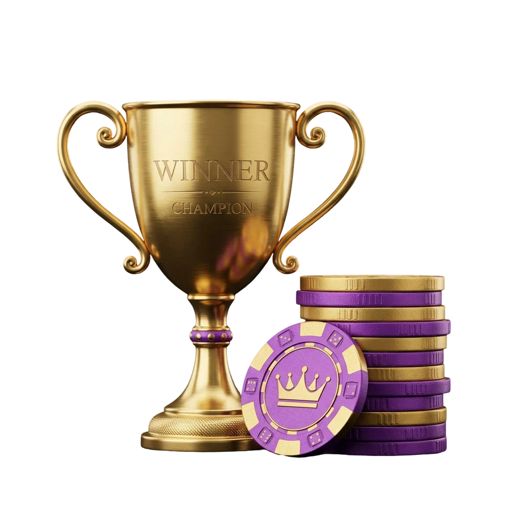 Gold winner's trophy engraved WINNER CHAMPION beside a stack of casino chips