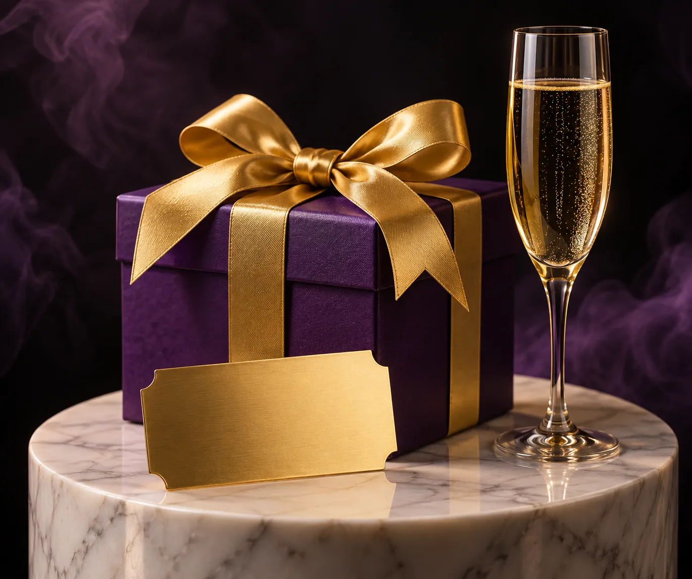 Gift box and ticket displayed on a pedestal, marking the start of the Here2Win Casino welcome package