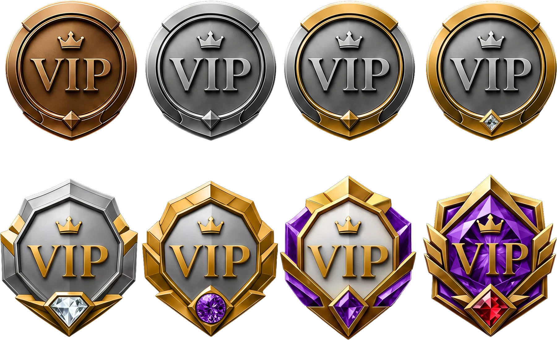 Eight round badge icons in bronze, silver, gold and jewel tones