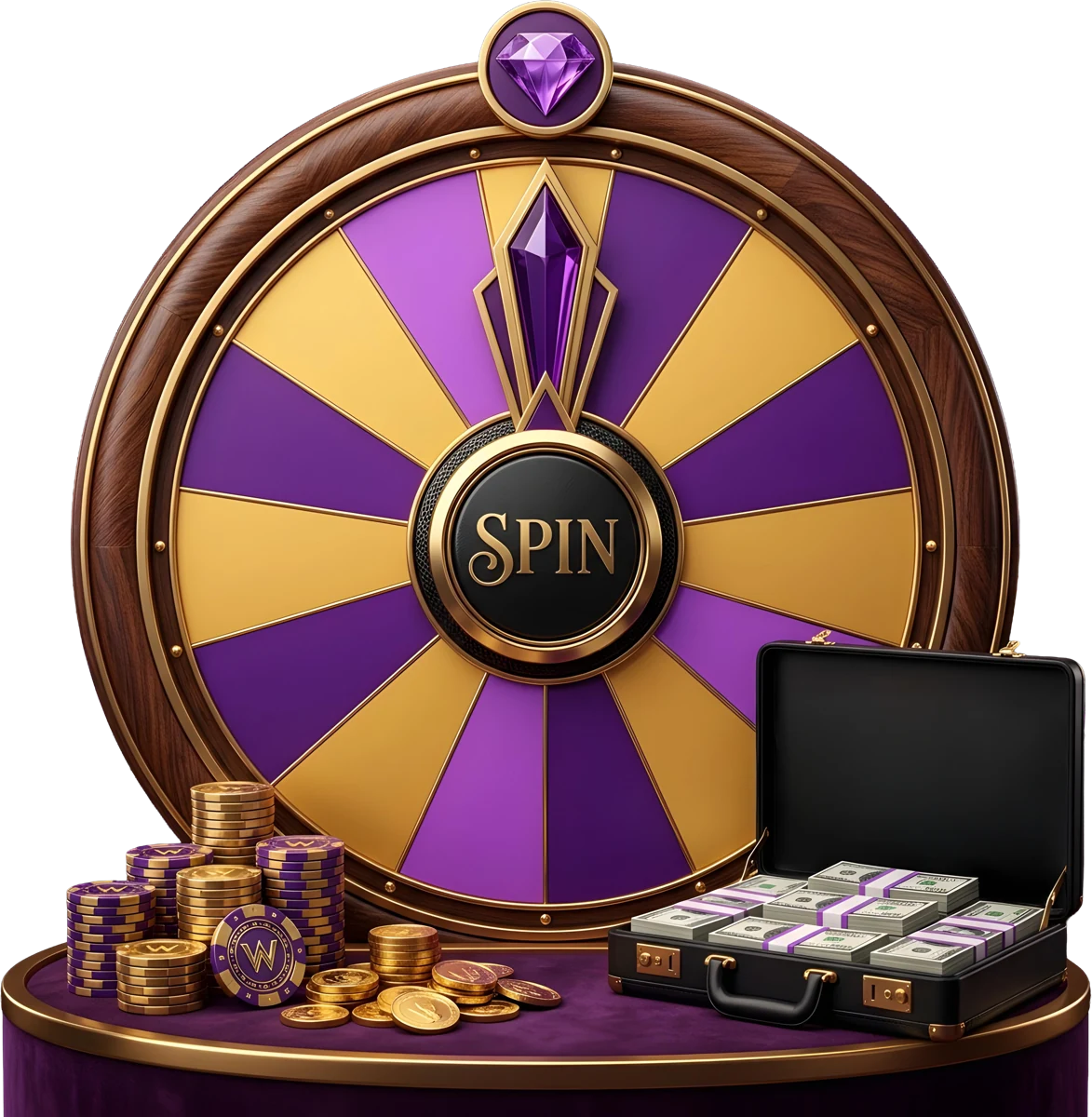 A large prize wheel in a wooden frame with gold trim, part of Here2Win's promotions