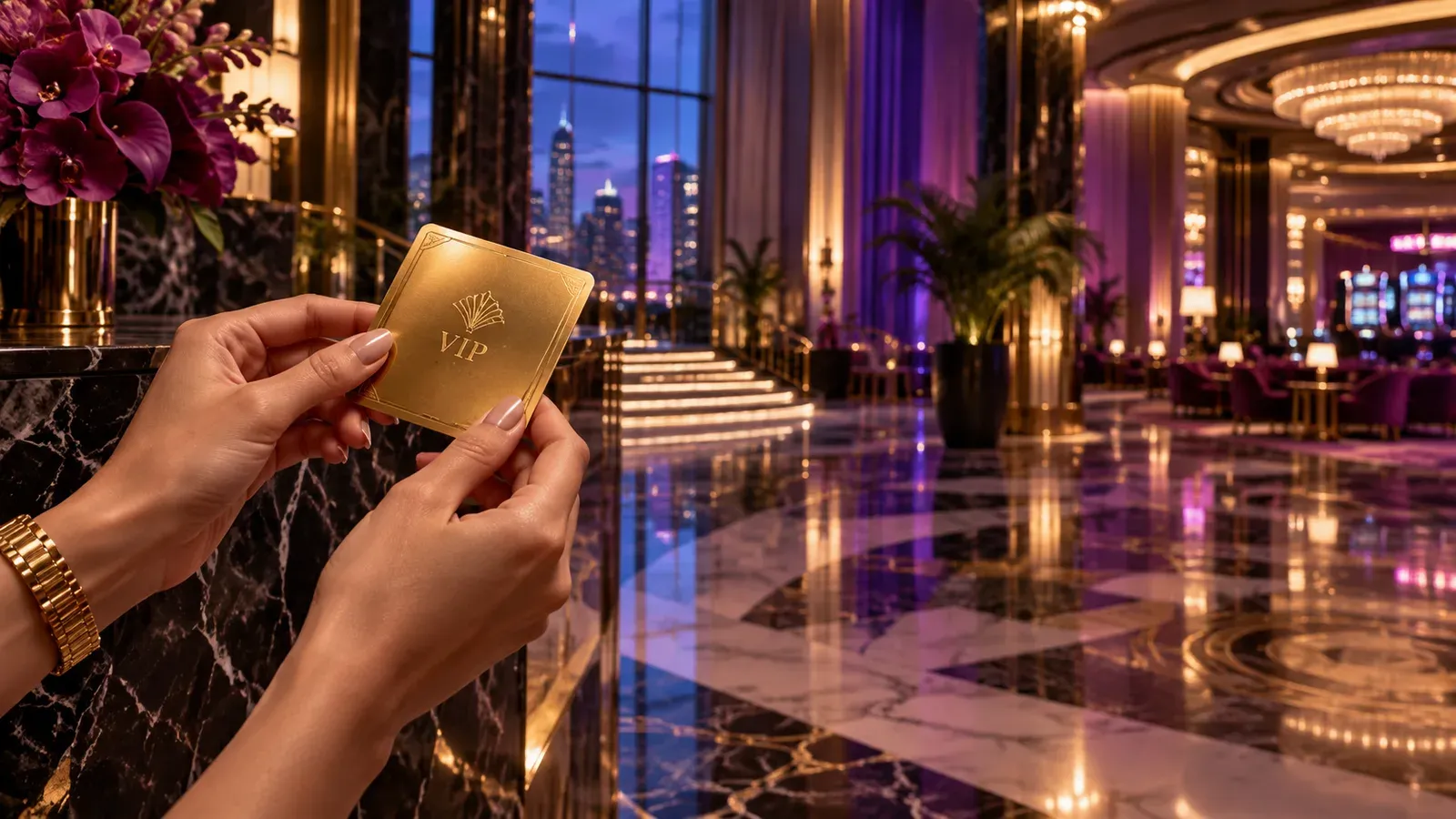 Elegant hands holding a gold VIP keycard in an art-deco casino foyer