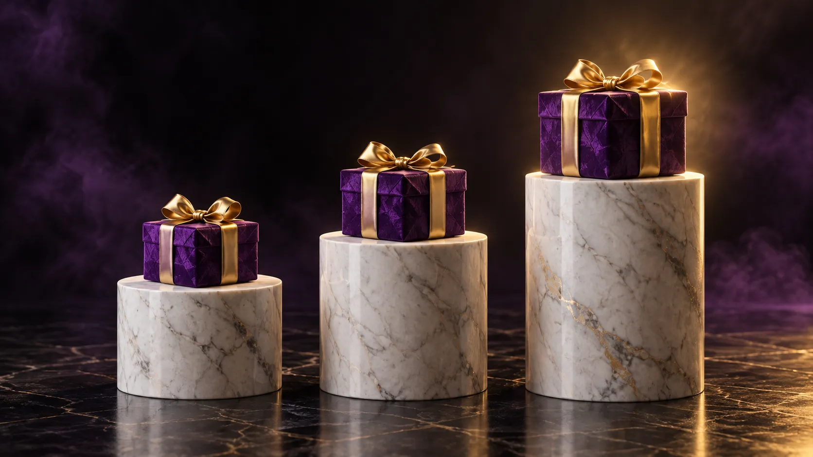 Three plinths representing the deposit steps that shape the Here2Win Casino welcome package
