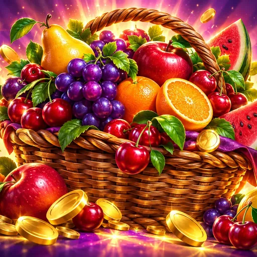 Basket Bounty pokie cover art with fruit, 777 symbols and treasure
